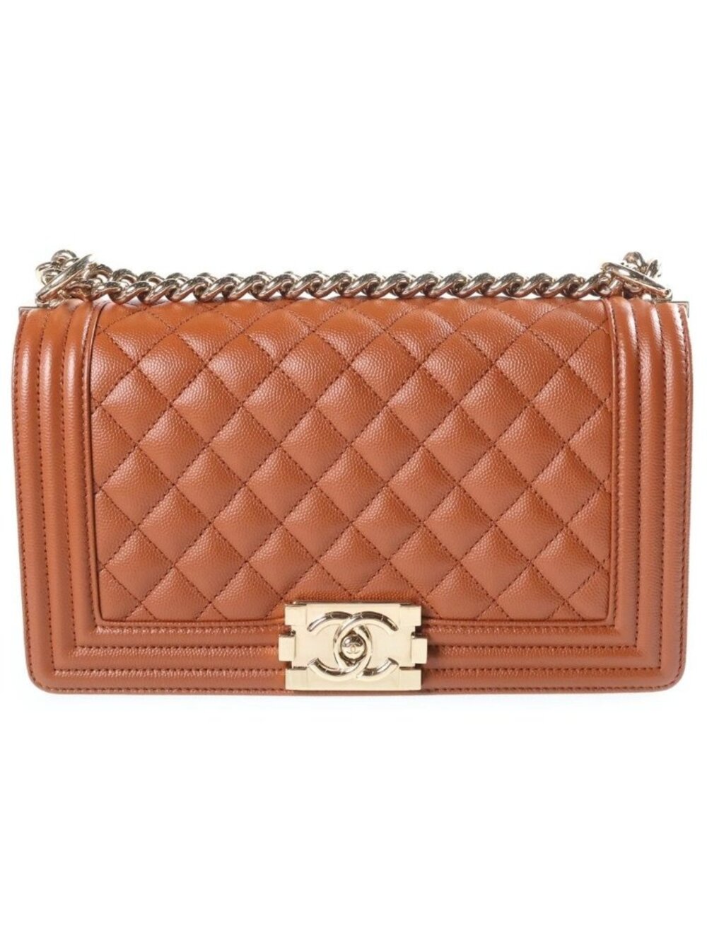 Chanel Boy Medium Chain Shoulder Bag Brown Caviar Leather Gold